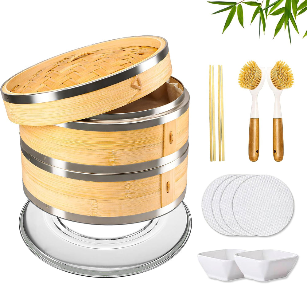 Bamboo Steamer Basket 10 Inch 2 Tier Set for Cooking | Dumpling Steamer Baske...