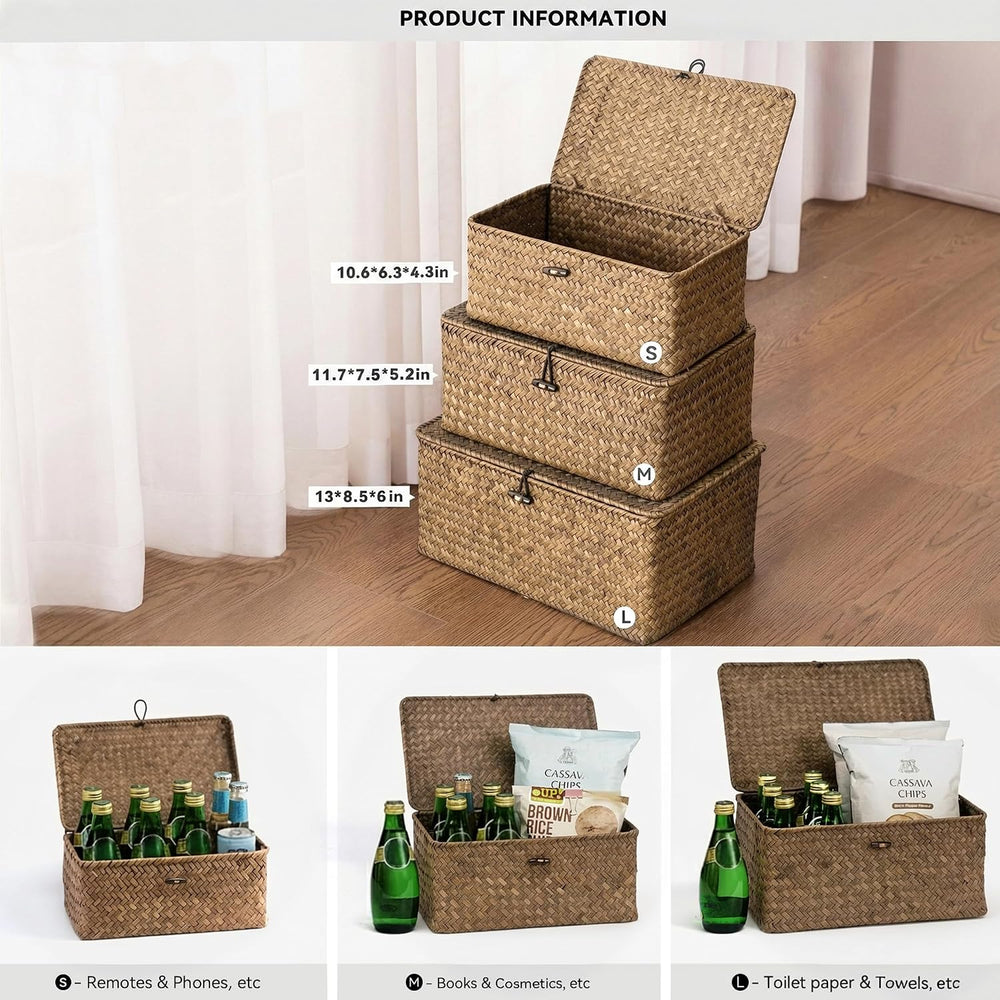 Nonam Wicker Storage Basket with Lid,Seagrass Shelf Basket Set of 3,Coffee