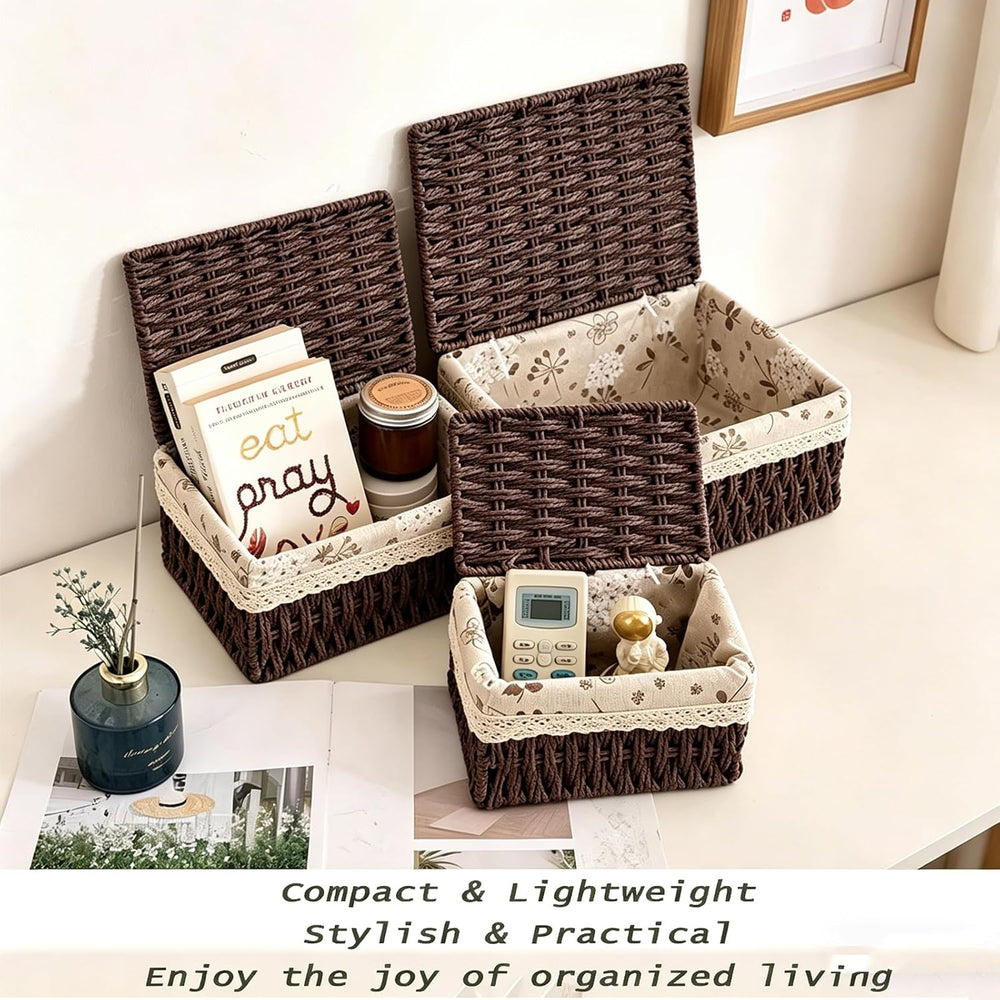 Wicker Storage Baskets with Lids, Set of 3 Nesting Natural Rattan Organizer B...