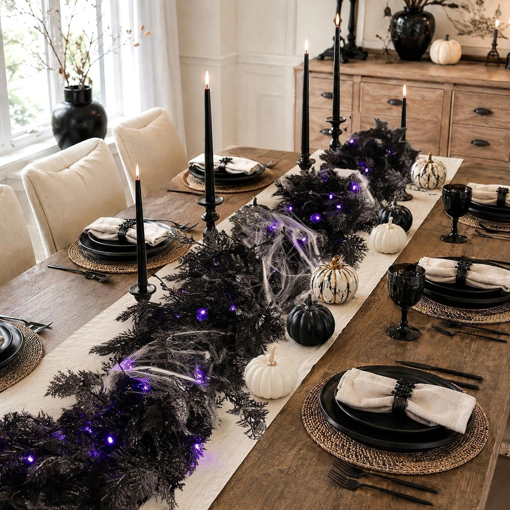 Pre-lit Halloween Garland Decorations Black Real Touch Cedar Cypress with Ber...