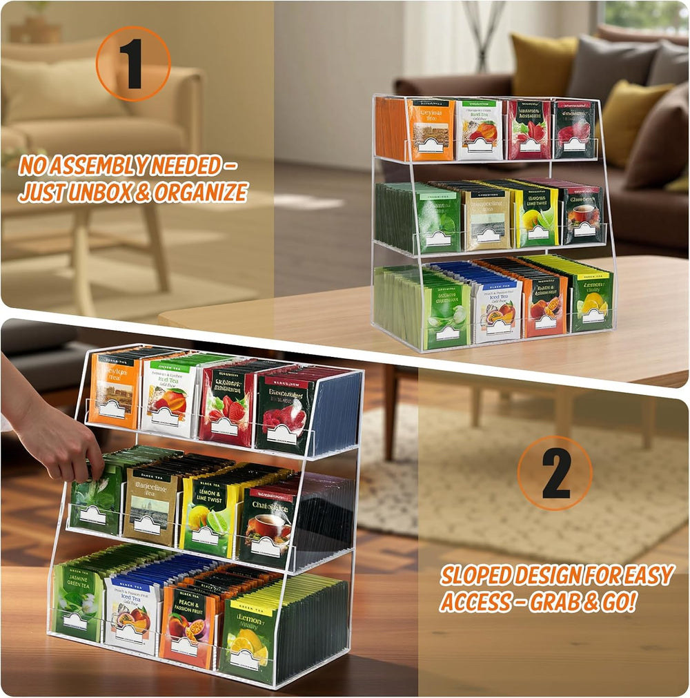 3-Tier Acrylic Tea Bag Organizer - Holds 200+ Tea Packets