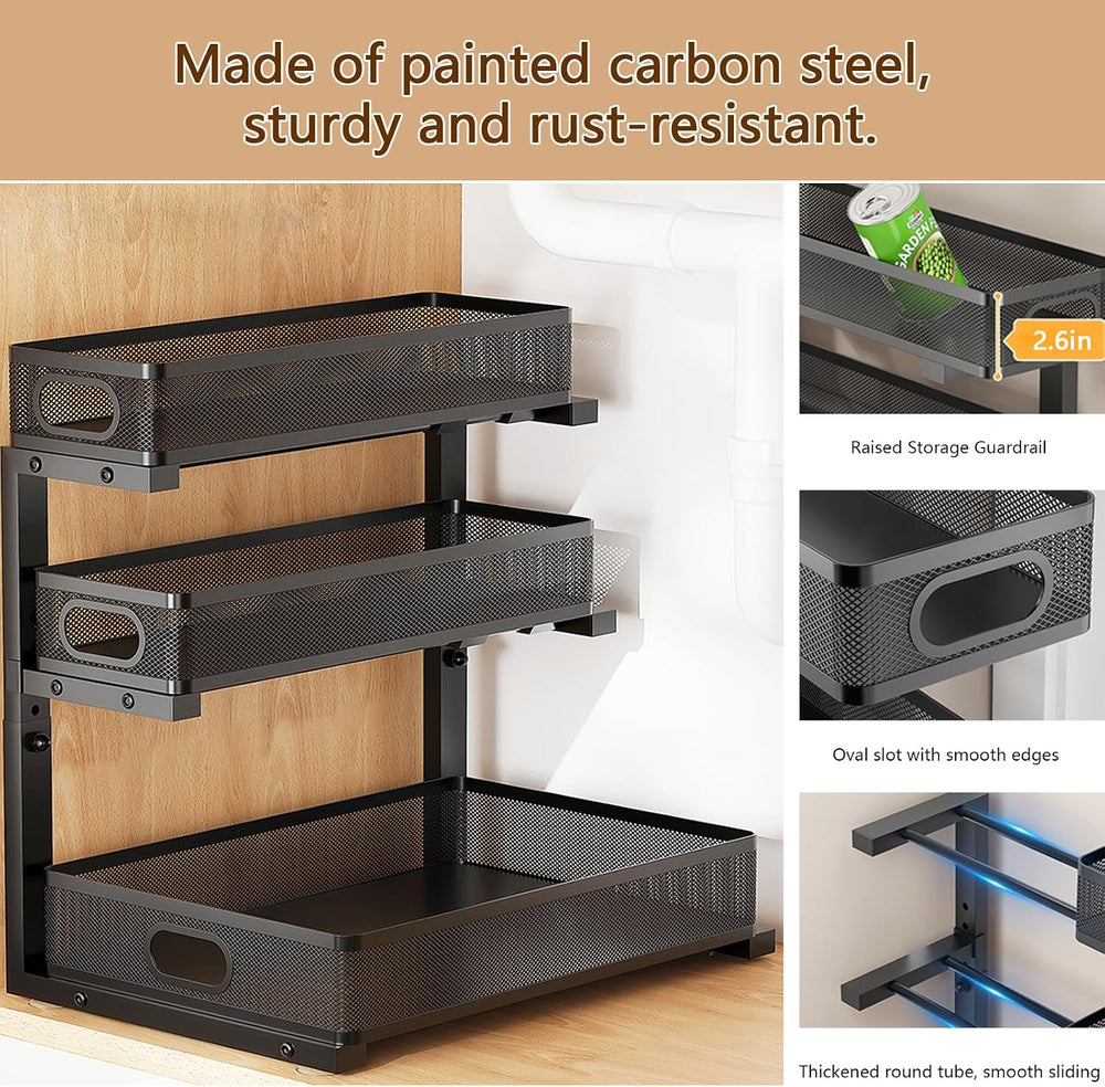 Under Sink Organizer, 2-Pack 3-tier Under Sink Storage Organizer Adjustable H...