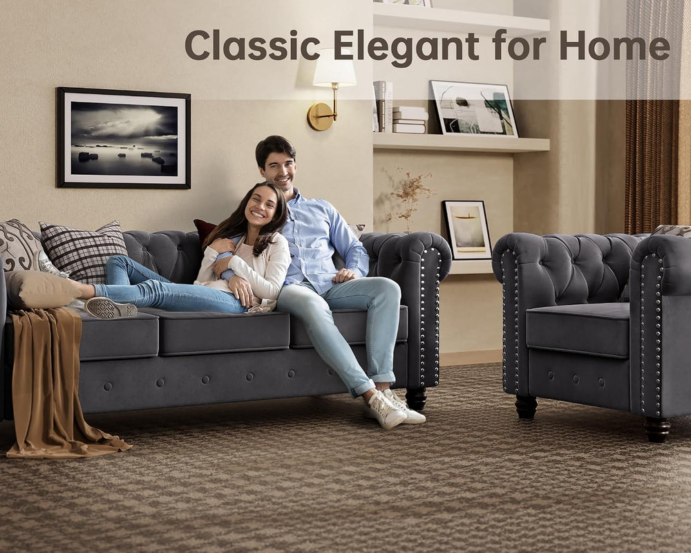 3 Piece Classic Chesterfield Sofa Set,Chair&Loveseat&Sofa,Velvet Grey