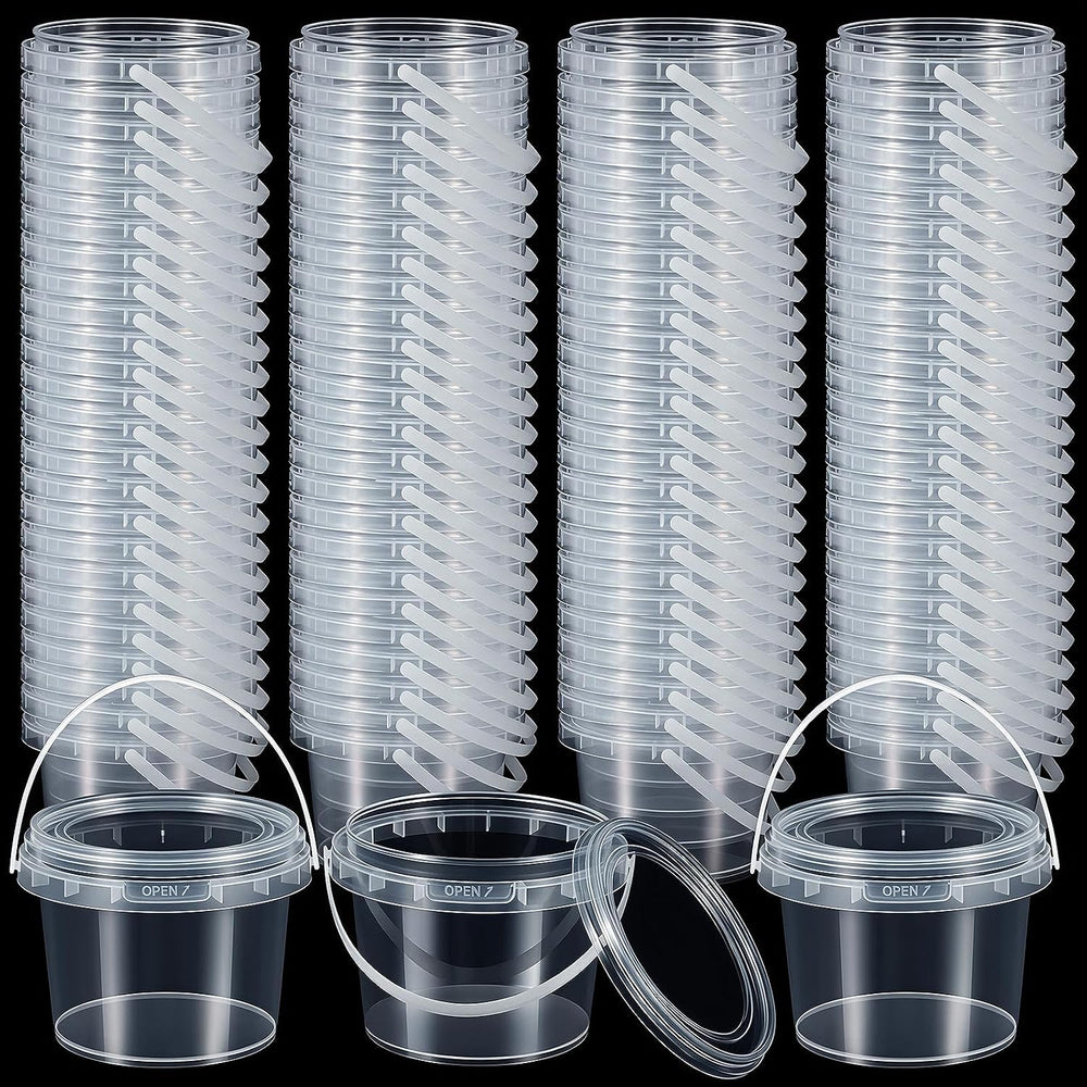 Maxcheck 100 Pcs 16oz Plastic Bucket with Lids and Handles Bulk, Clear