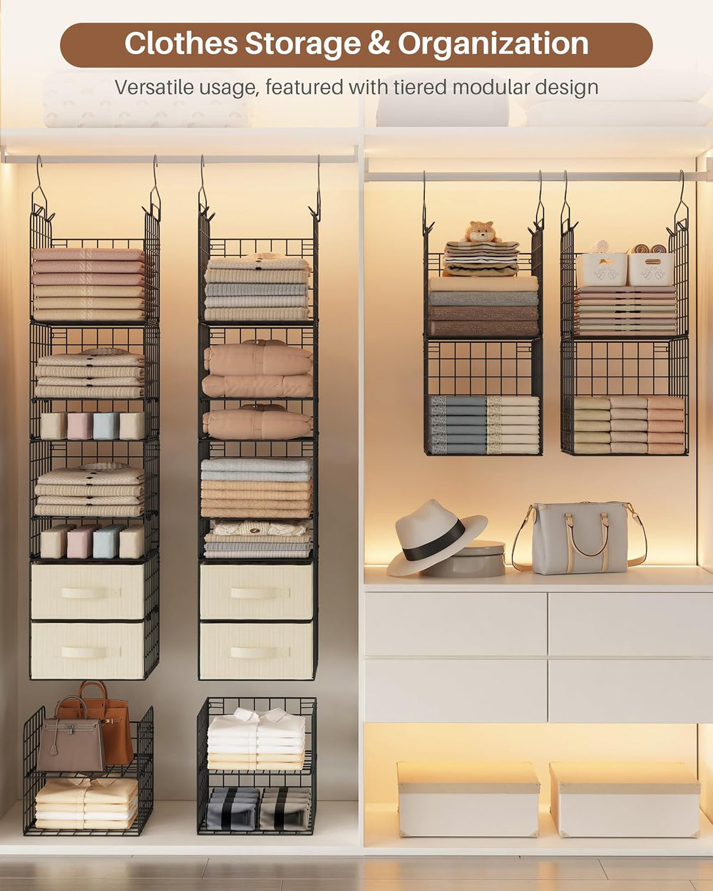 4 Tier Metal Hanging Closet Organizer with 2 Fabric Drawers
