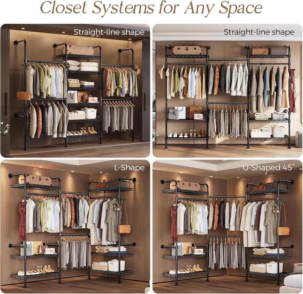 Wall Mounted Closet System, Heavy Duty 3-Row Clothes Rack, Expandable Industr...