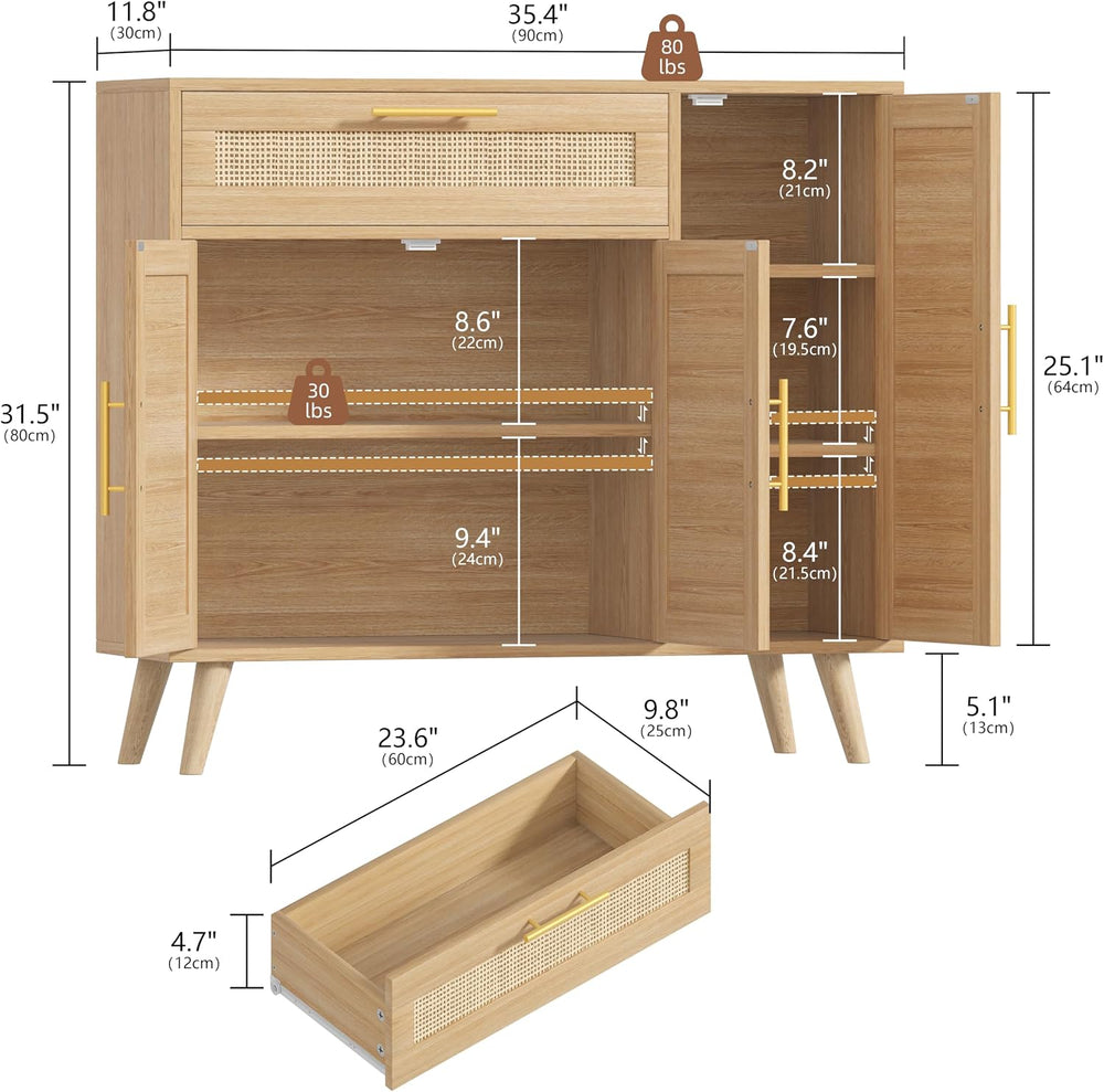 Kitchen Buffet Cabinet with 3 Doors, Rattan Storage Cabinet