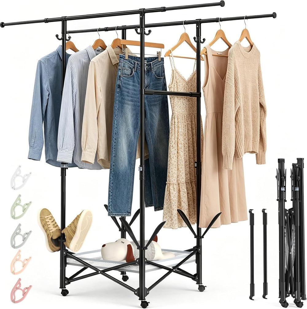 Portable Foldable Clothes Drying Rack - Adjustable Double Extendable Rods (33...