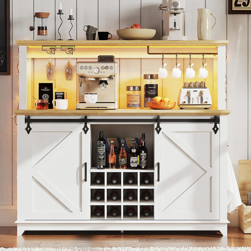 Garvee 55 in Coffee Bar Cabinet with Power Outlet & LED Light, Farmhouse ...
