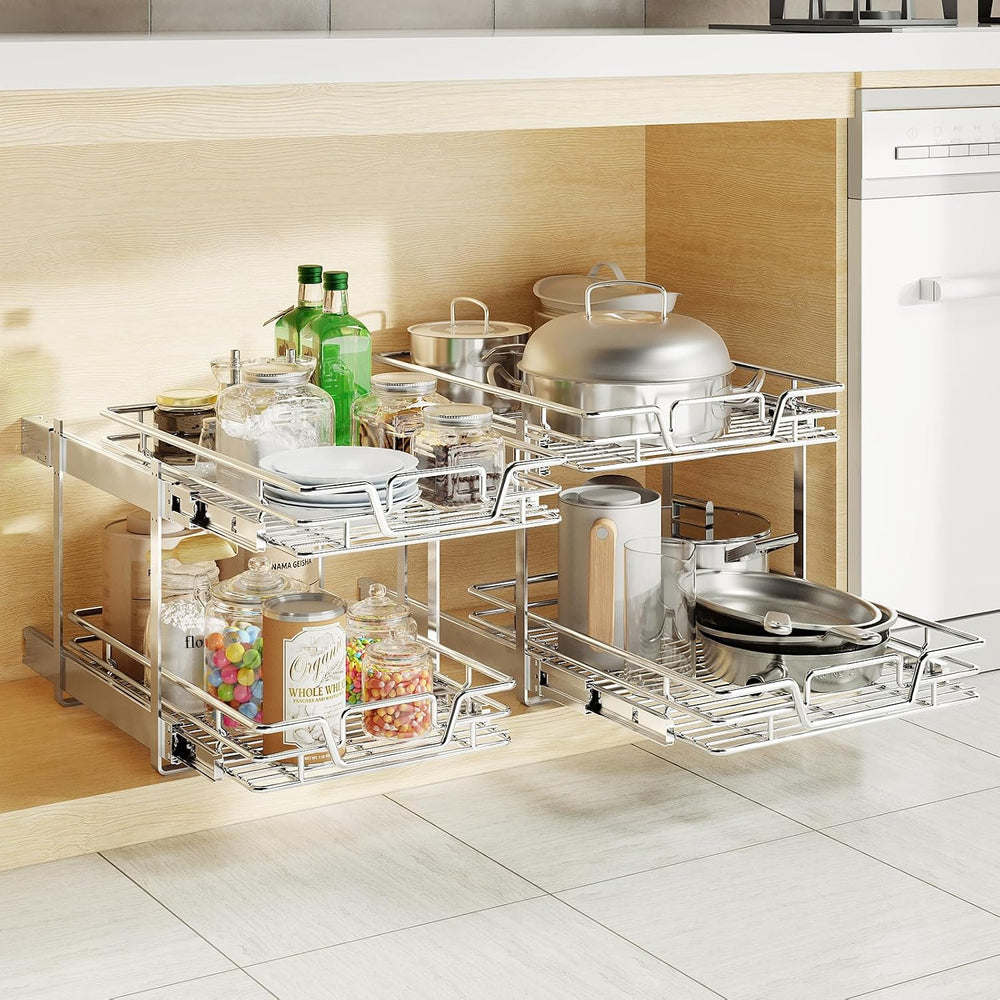 2-Tier Kitchen Cabinet Pull Out Shelf and Drawer Organizer Slide Out Pantry S...