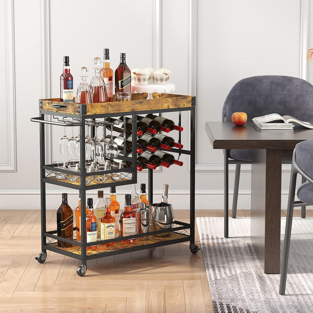 Lifewit 3 Tier Bar Cart with 12 Wine Racks, Serving Trolley, Rustic Brown