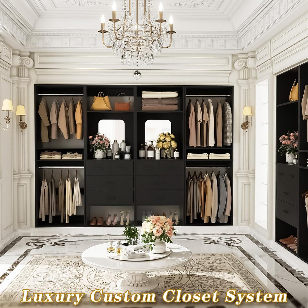 Unikito 100” Closet System with Drawers, 8.3FT Wood Closet Organizer with Han...