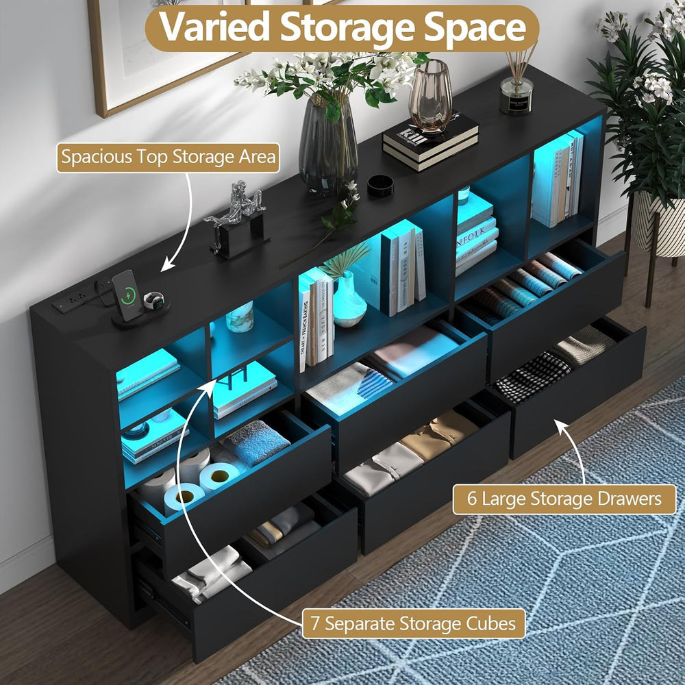 Black 6 Drawers Dresser with 7 Storage Cubbies, LED Lights, Power Outlets