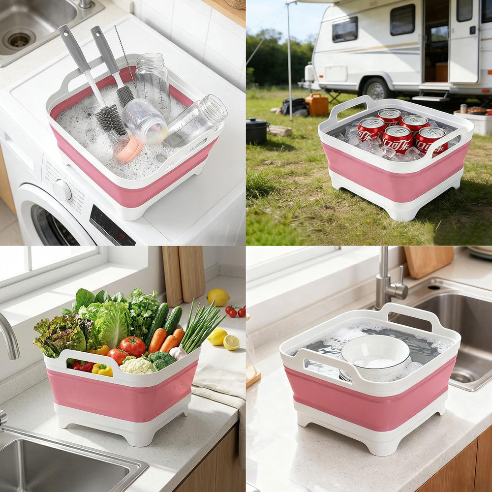 Volnamal Collapsible Wash Basin with Drying Rack & Drain Plug (Pink)
