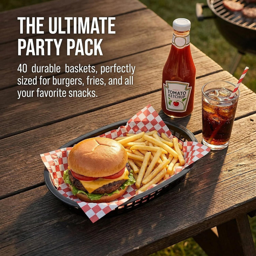 Cedilis 40 Pack Fast Food Baskets, 10.5 x 7 Inch Black Plastic Baskets, Food ...