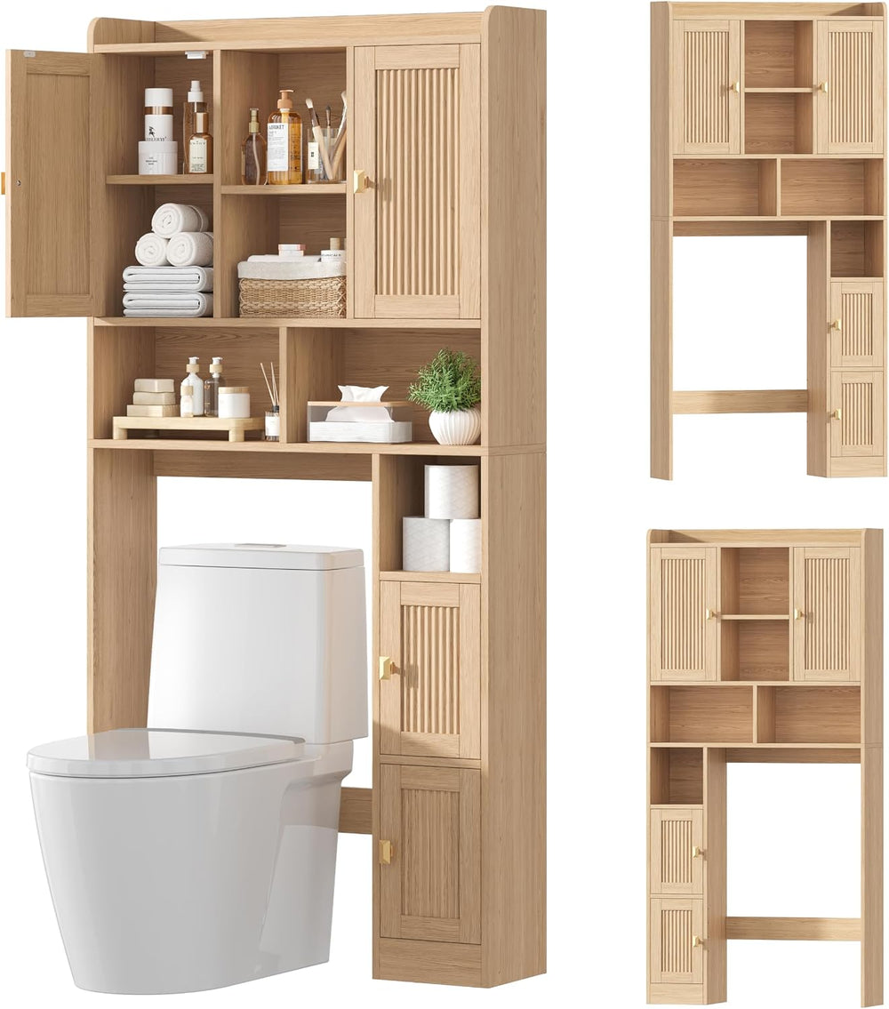 Fluted Over The Toilet Storage Cabinet with 4 Doors, Natural Oak