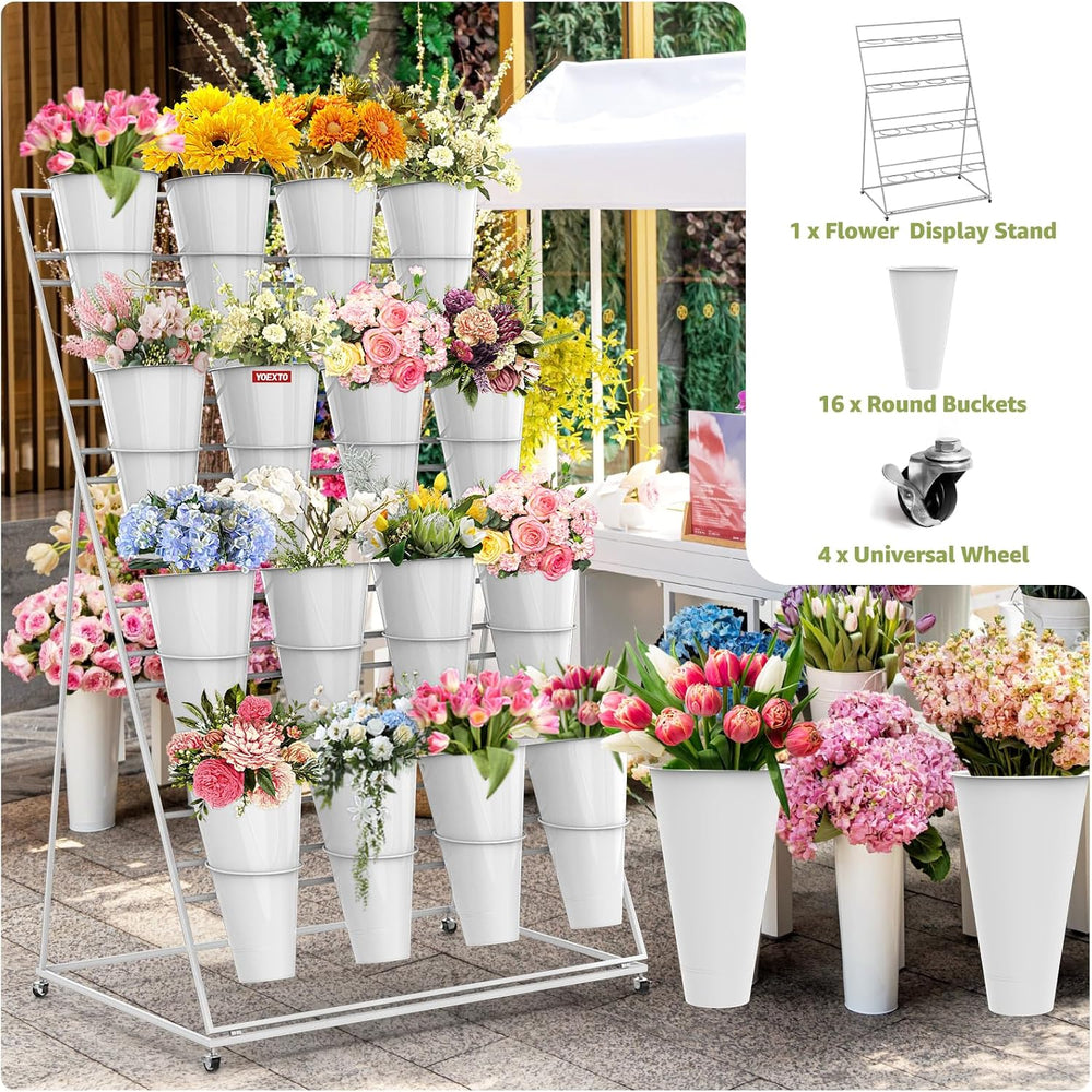 Flower Display Stand 4 Layers with 16 PCS Round Buckets, Plant Stand with Whe...