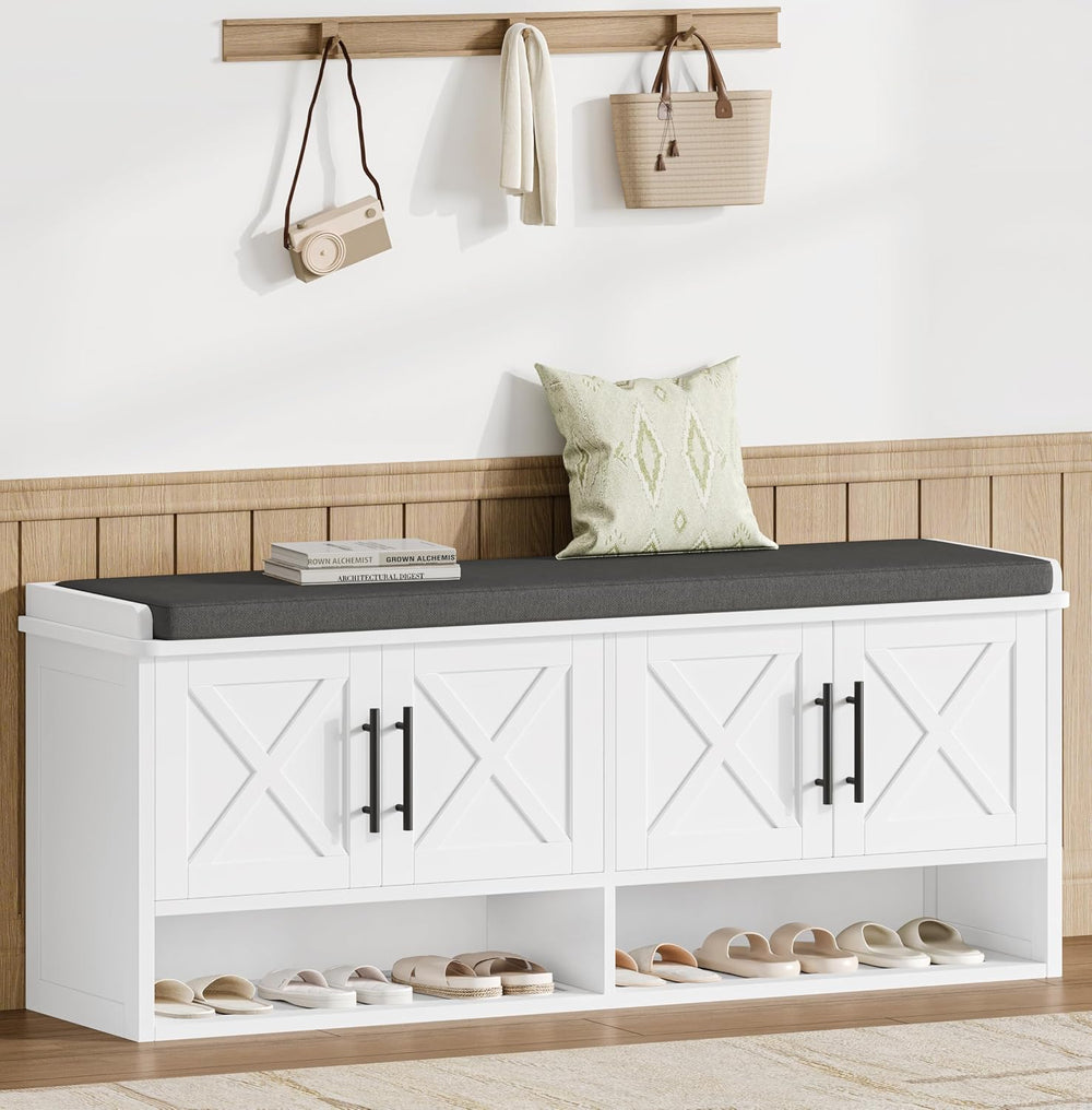 Farmhouse Storage Bench, Entryway Bench with Adjustable Shelves
