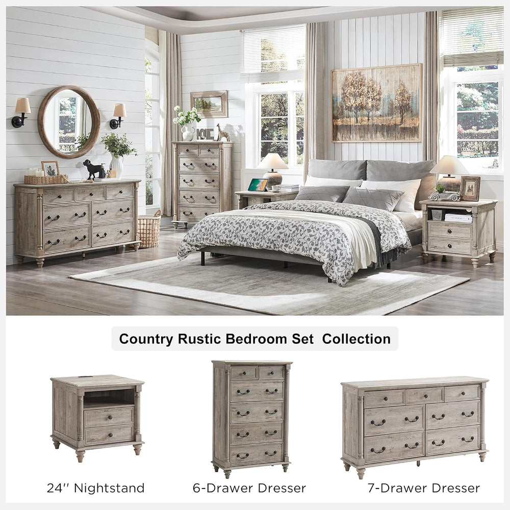 T4TREAM Farmhouse 6-Drawer Dresser with Solid Wood Feet, Light Rustic Oak