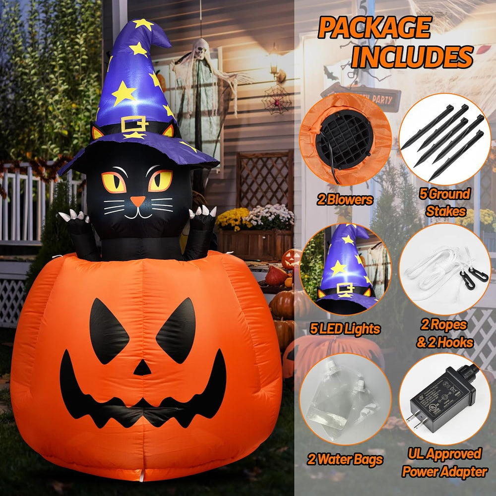 5.3 FT Halloween Inflatable Animated Witch Cat in Pumpkin, Blow Up Yard Decor...