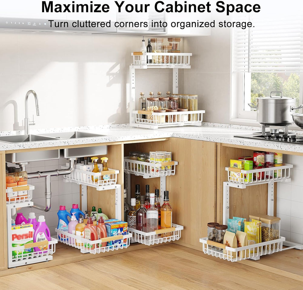 2 Pack Under Sink Organizer, 2-Tier Adjustable Height Slide Out Shelf,White