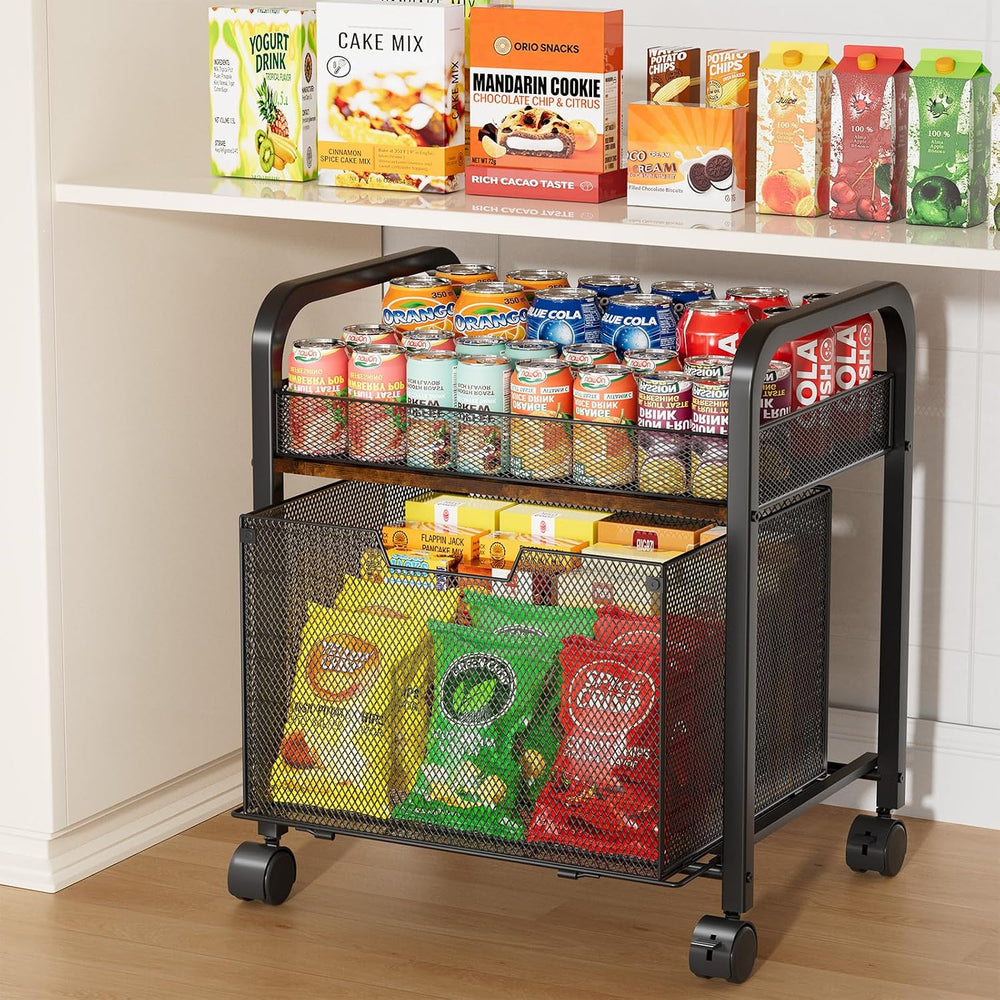 HapiRm 2 Tier Rolling Pantry Organizer Cart- Snack Storage Cart with Wheels