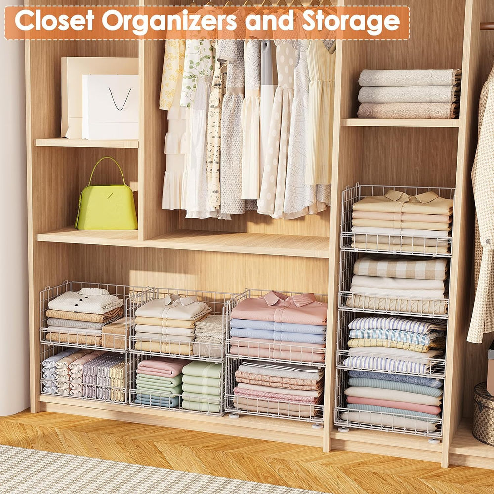 4-Tier Stackable Closet Organizers with Adjustable Feet, Foldable Closet Shel...
