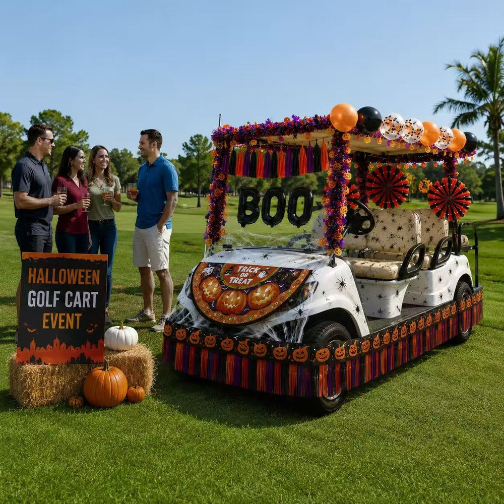 Halloween Golf Cart Decorations with Nightlight Strip Spider Web Bat Tassel
