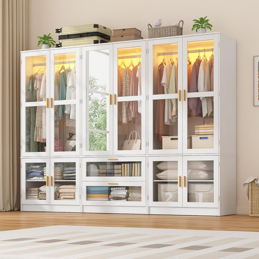 6 Doors Armoire Wardrobe Closet with LED and Mirror,71" H Freestanding W...