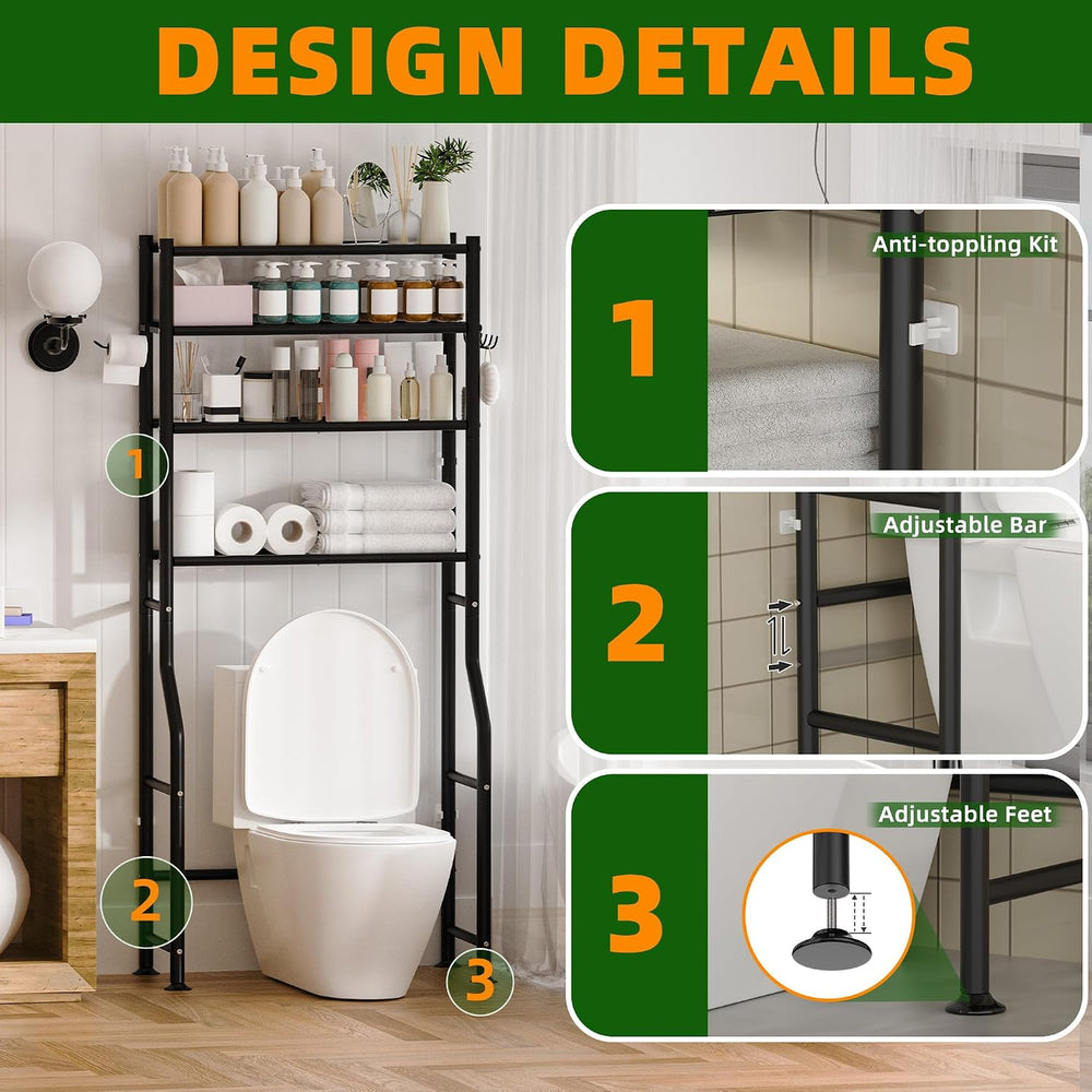 4-Tier Over Toilet Storage Cabinet, No Drilling, 64" H, Black