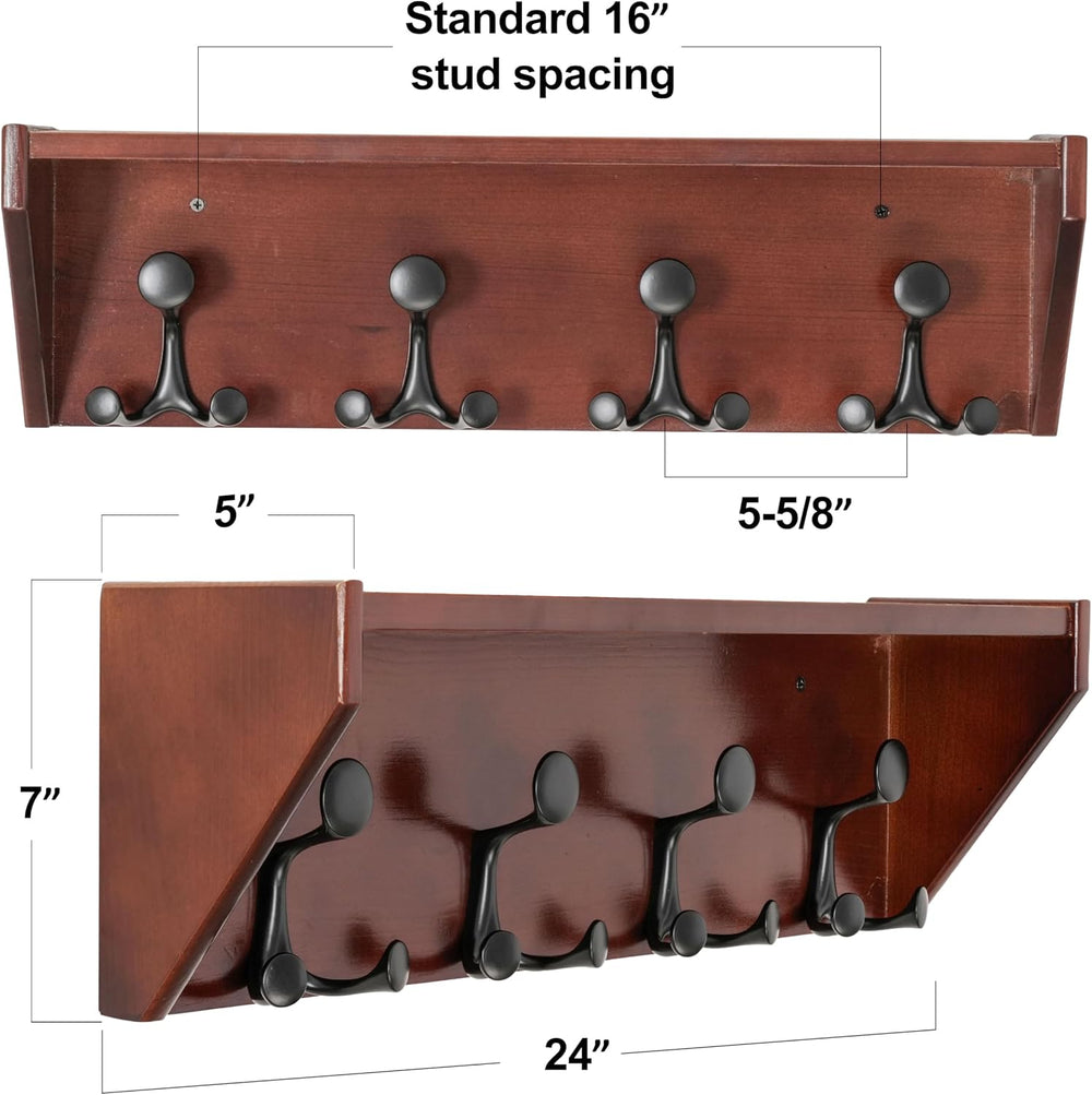 SKOLOO Wall Shelf with Hooks, 24-Inch Cherry Coat Rack Wall Mount with Shelf ...