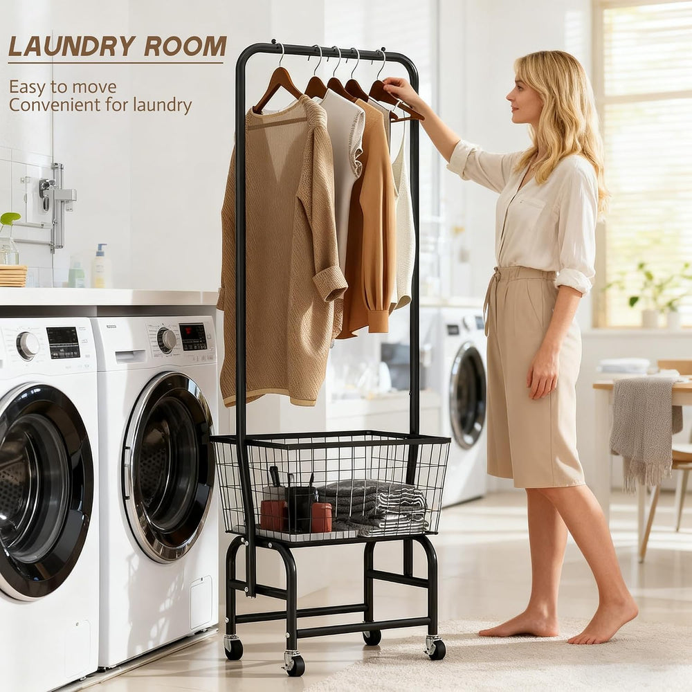 ALIMORDEN Rolling Laundry Cart with Hanging Rack & Metal Basket, Black