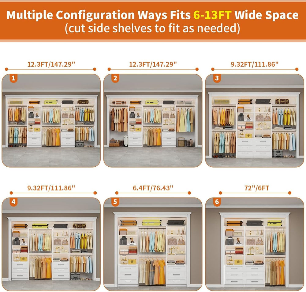 Closet System with 6 Drawers, 6-12.3FT Closet Organizer System Wood with 8 Sh...
