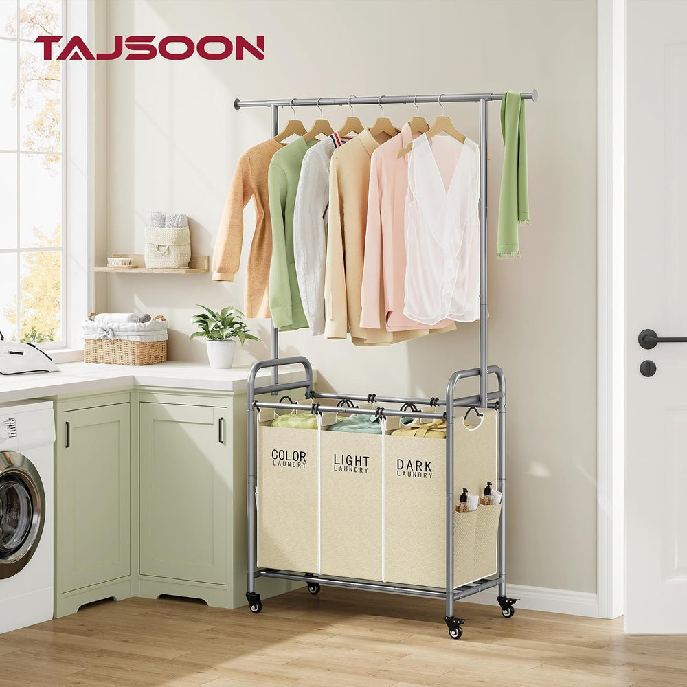 Tajsoon Laundry Hamper with Hanging Rack, Laundry Sorter 3 Section, Beige