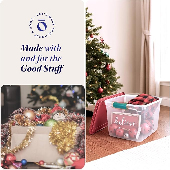 HOMZ 4-Pack Holiday Tote, Plastic Storage Organizer Bins