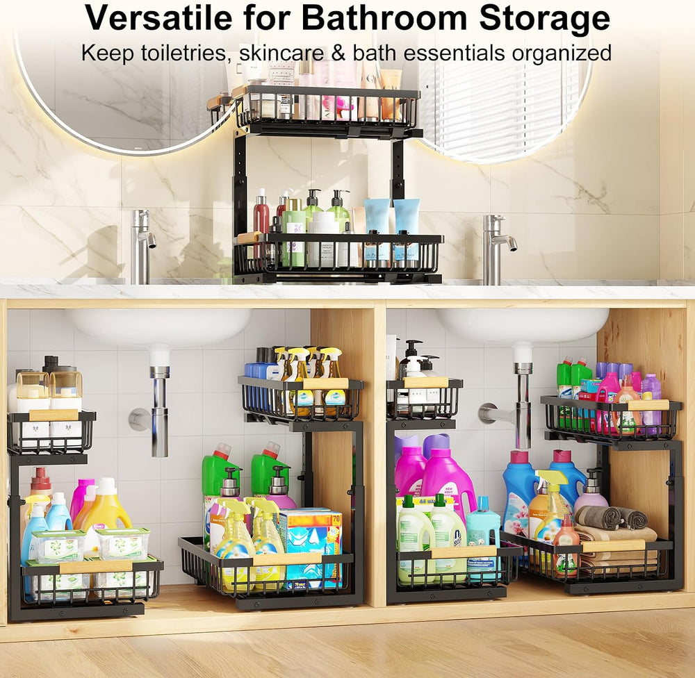 Under Sink Organizer 2 Pack,Adjustable Height 2-Tier Slide Out Drawer,Black