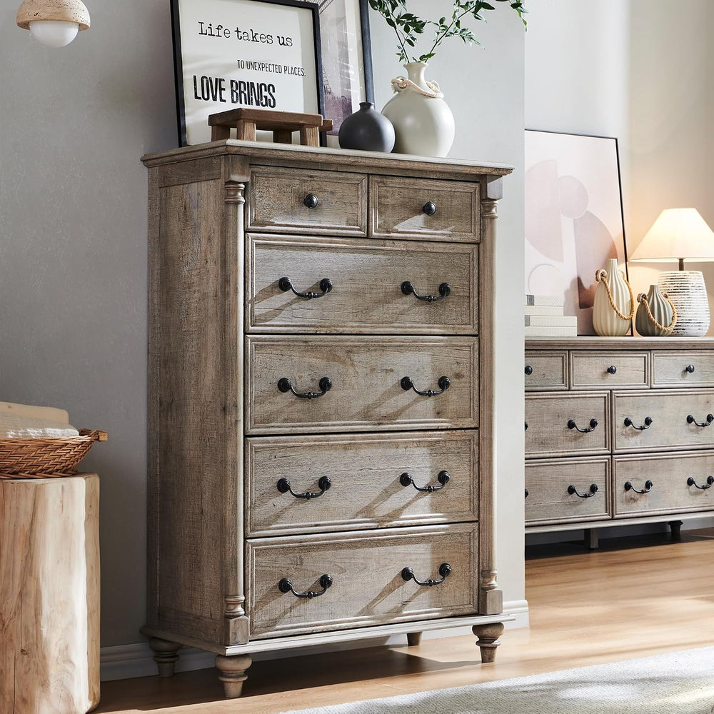 T4TREAM Farmhouse 6-Drawer Dresser with Solid Wood Feet, Light Rustic Oak