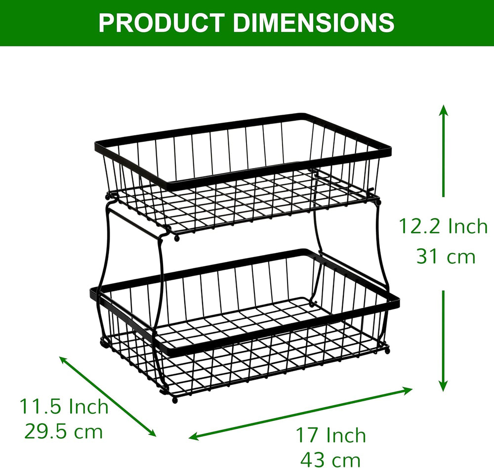 HOSY 2-Tier Metal Fruit Basket, 17-in Rectangle Black Standing Storage Rack