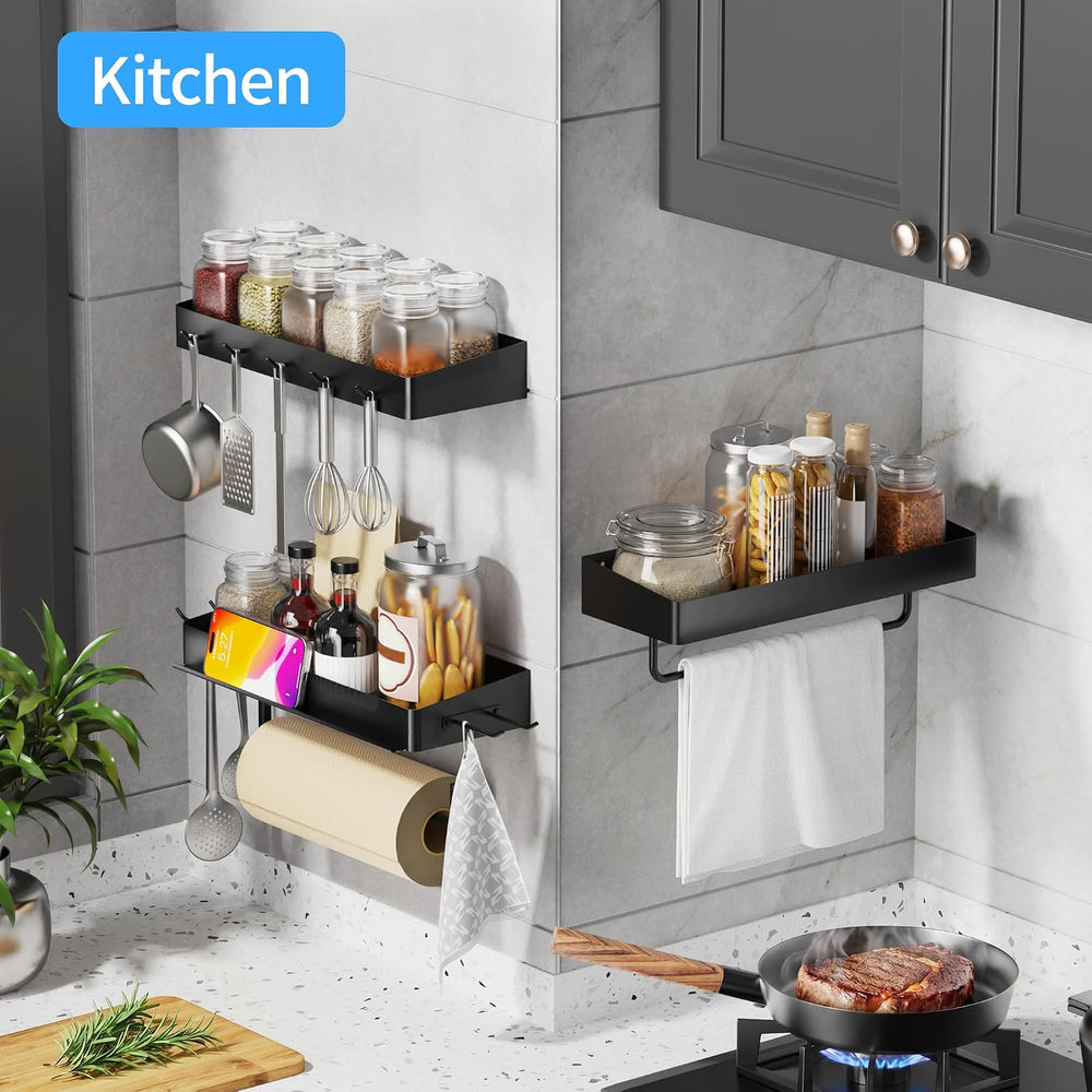 SUNTECH Garage Paper Towel Holder with Shelf, Wall-Mount, 3 Pack (Black)