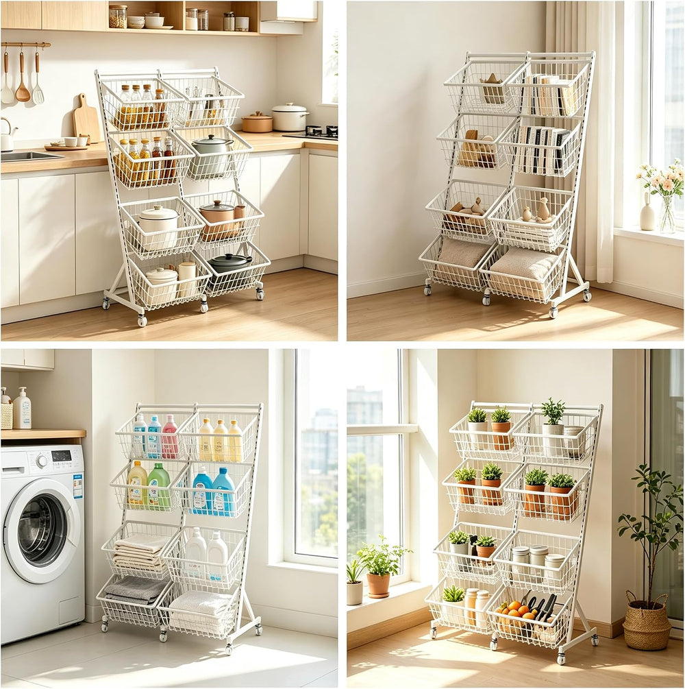 Rolling Store Snack Display Rack with Wheels, Mesh Storage Cart(White)
