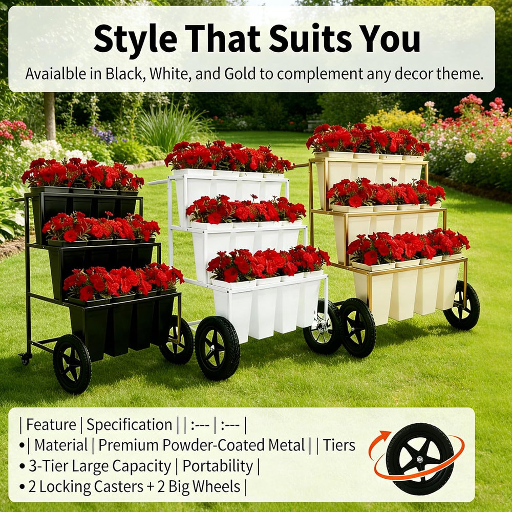 White3 Tier Metal Flower Cart Display Stand with Wheels, Mobile