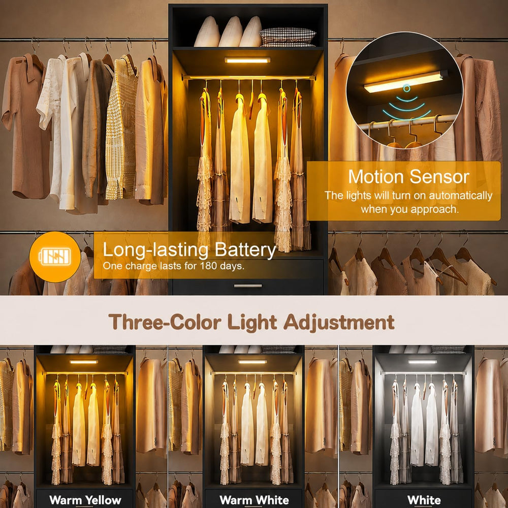 Wooden Closet System With LED Light 11FT Closet Organizer with 3 Wooden Drawe...