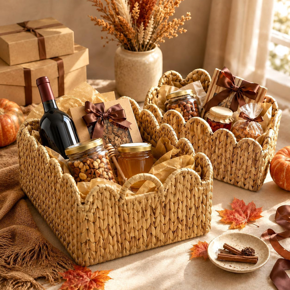Scalloped Wicker Storage Baskets for Shelves Organize with Handles, 2-Pack