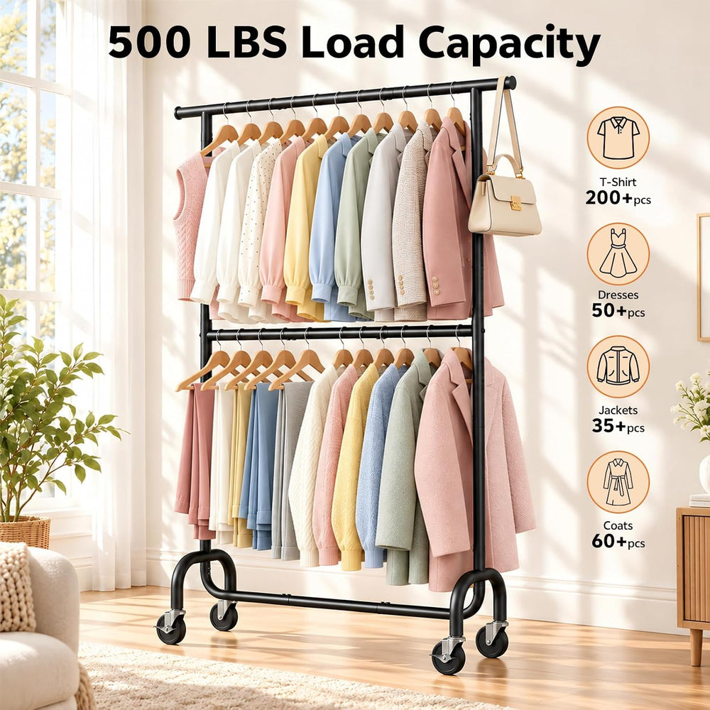 Heavy Duty Clothes Rack - Rolling Clothing Rack for Bedroom - Black
