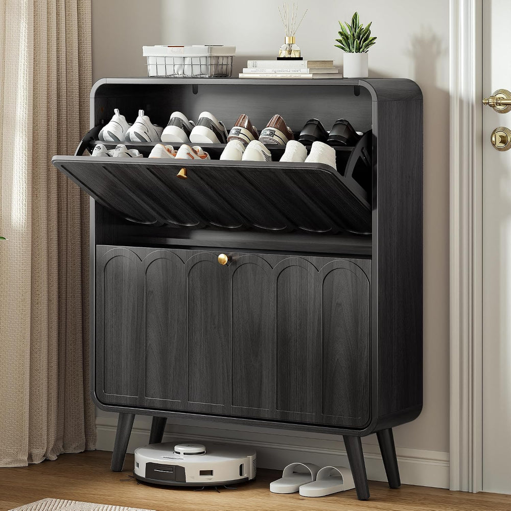Decofy Shoe Cabinet with 2 Flip Drawers, Expanded Panel for Long Footwear, Fr...