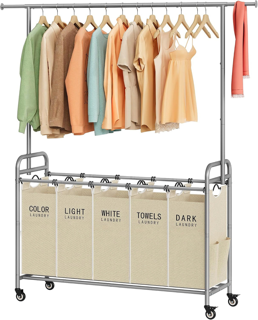 Tajsoon Laundry Cart with Hanging Rack, 65 Gal. Large Laundry Hamper, Beige