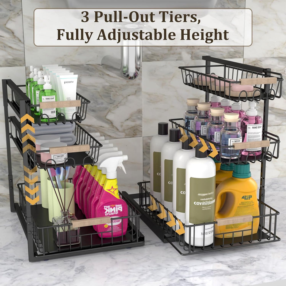 3 Tier Under Sink Organizer, Adjustable Pull Out Metal Storage Drawer
