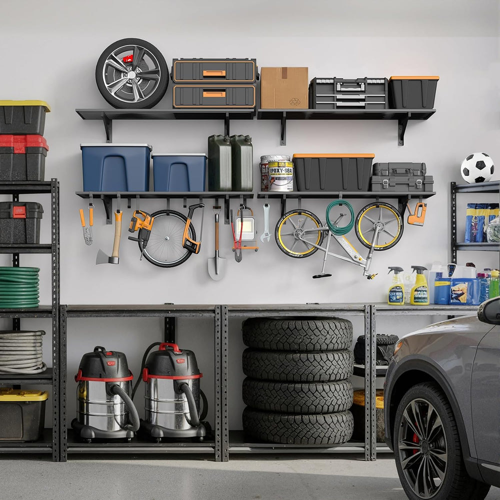 Jusgym 4 Pack Garage Shelving Wall Mounted with 16 Hooks, 1.5x4ft, 1000lbs