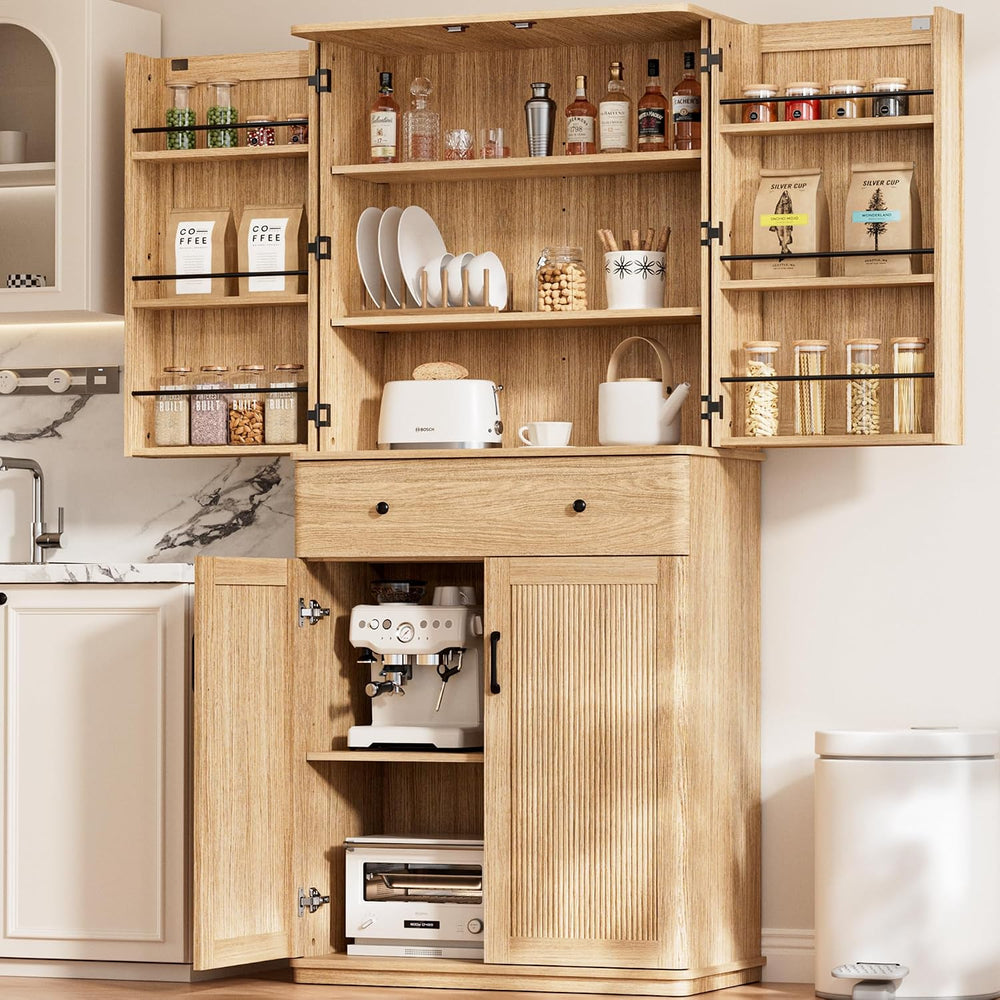 72" Tall Pantry Cabinet, Kitchen Storage Cabinet with 1 Drawer 2 Cabinet...