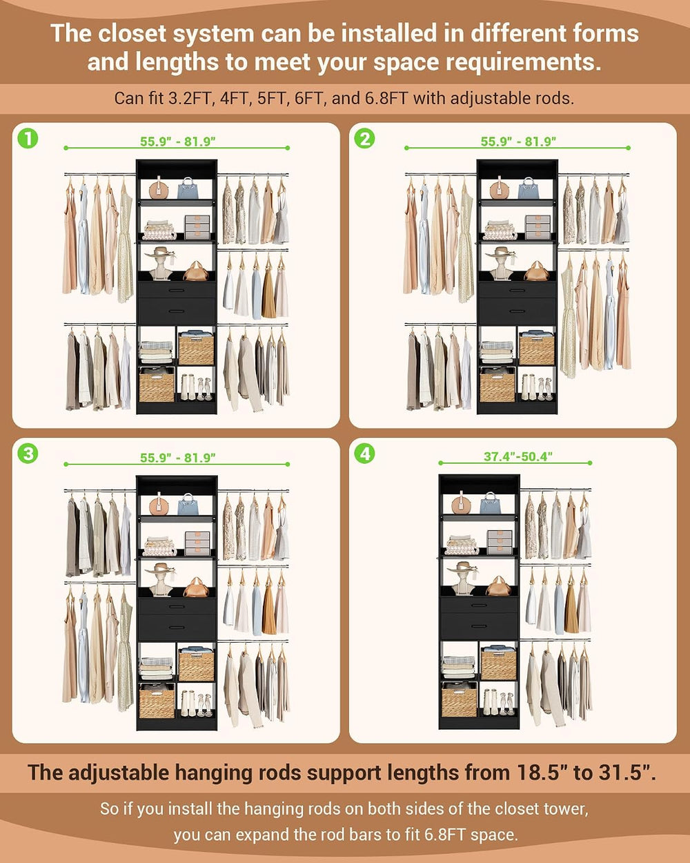 Besiost Small Closet System, 3.2-6.8FT Small Closet Organizer with 5 Hanging ...